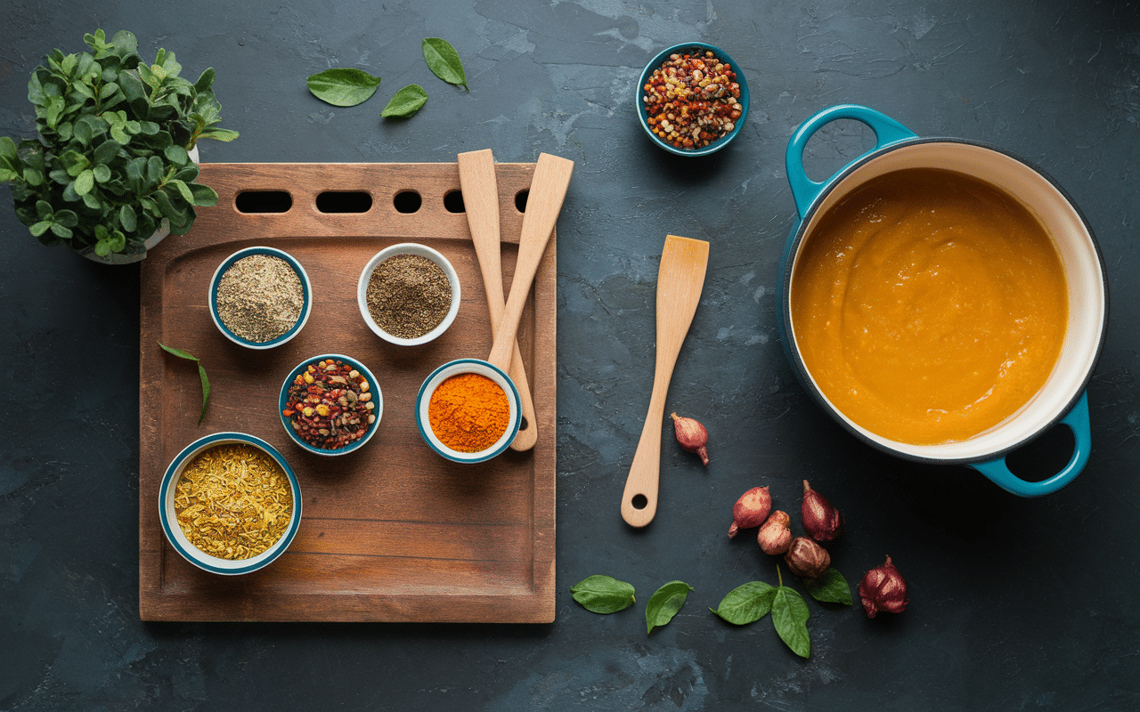 Confiture de kaki cuisson avec épices et ustensiles