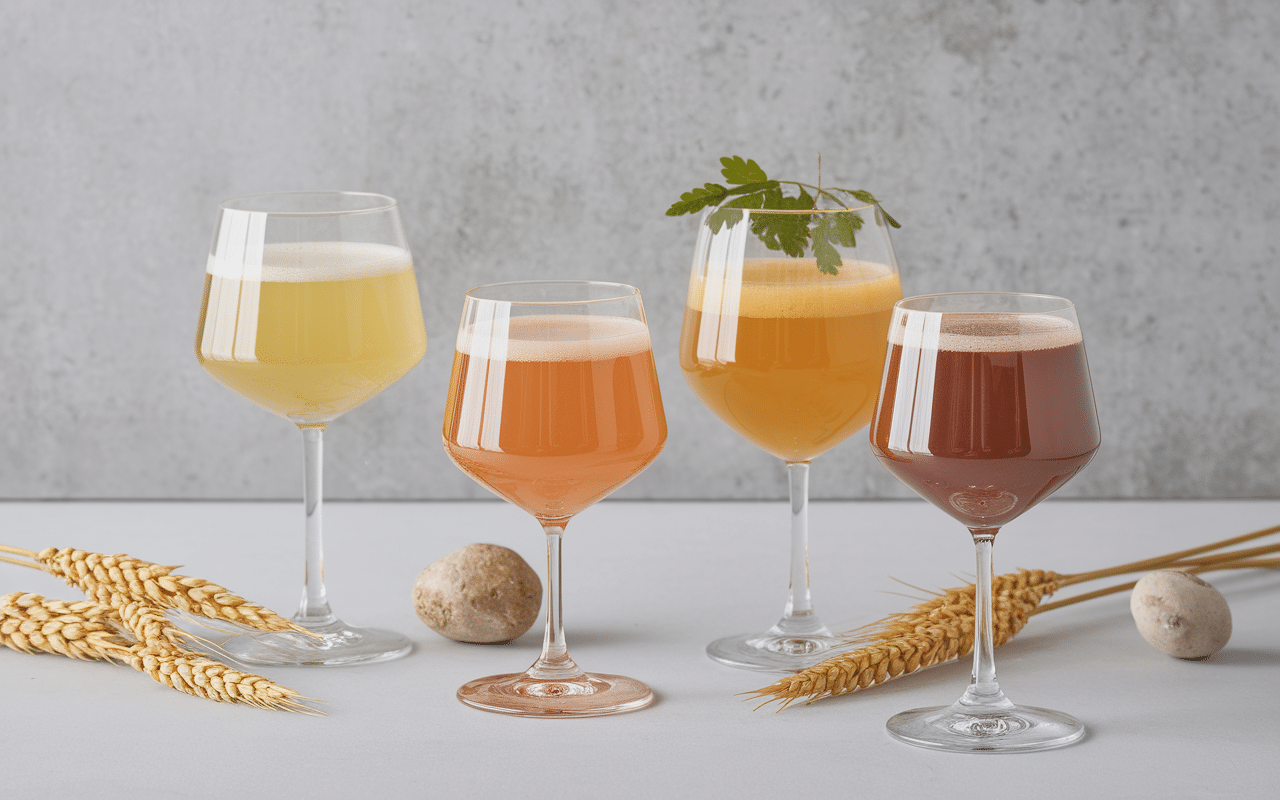 Différents verres de bière blonde alignés nuancier