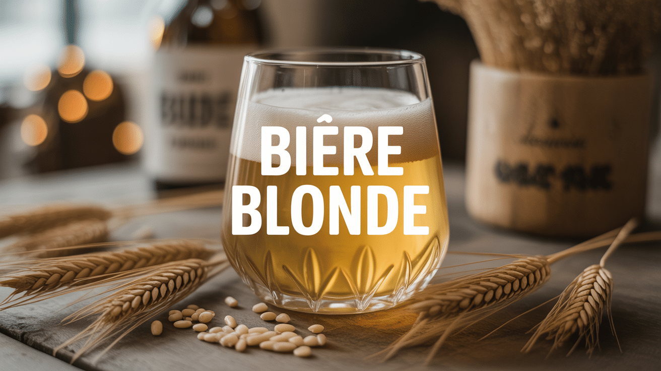 Verre de bière blonde dorée avec mousse sur table bois