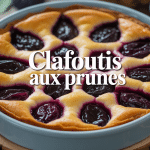 Clafoutis aux prunes doré dans plat sur table bois