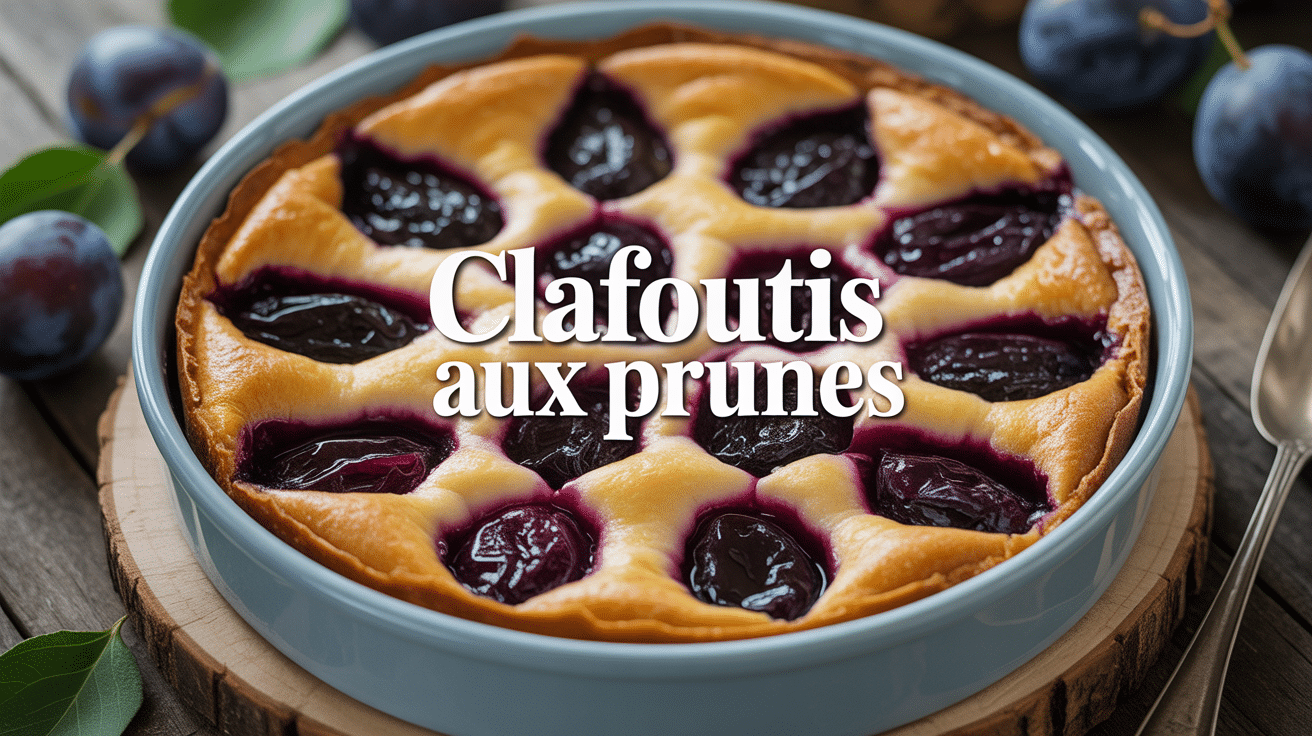 Clafoutis aux prunes doré dans plat sur table bois