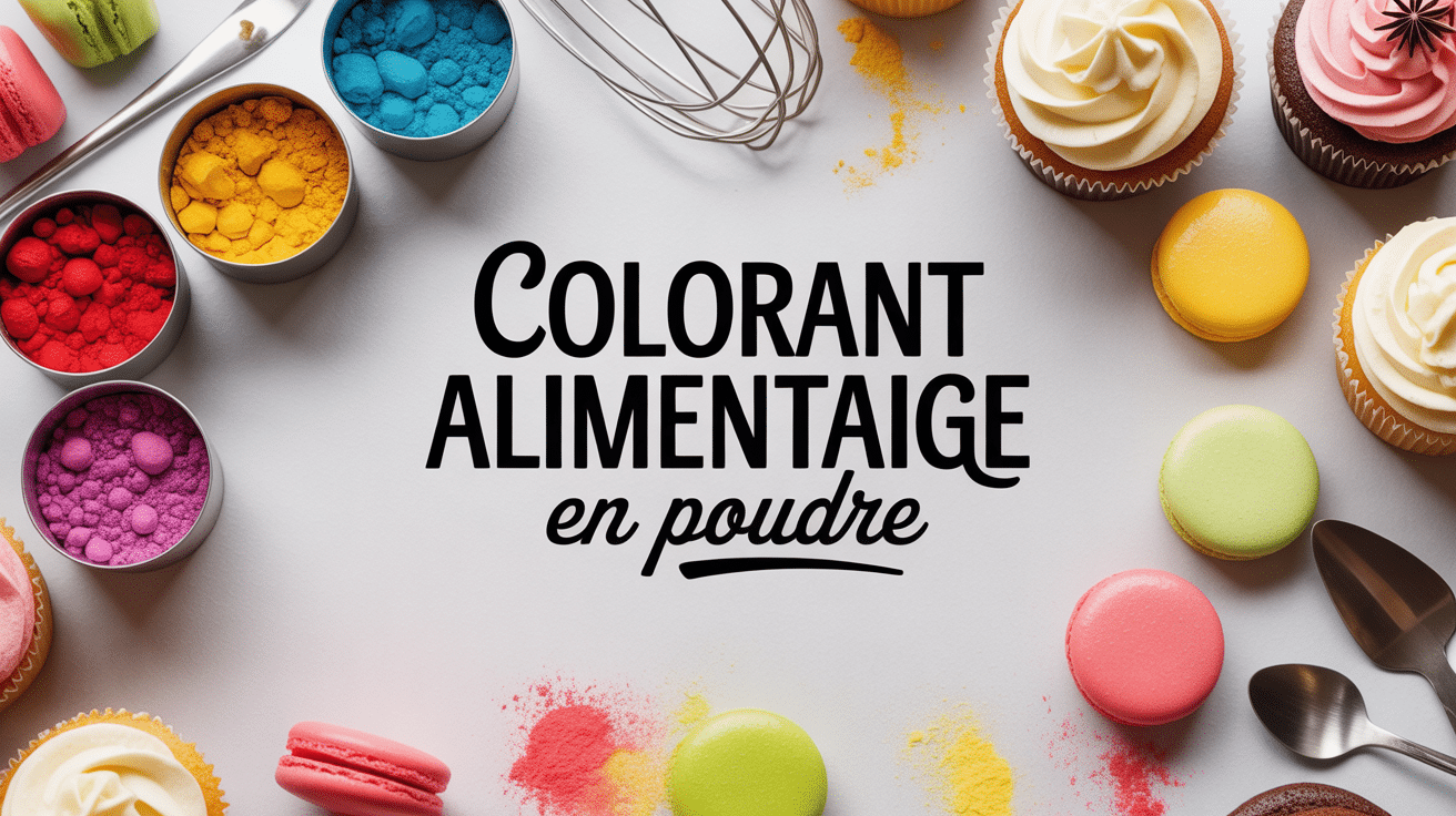Vue d'ensemble de colorant alimentaire en poudre sur table pâtisserie