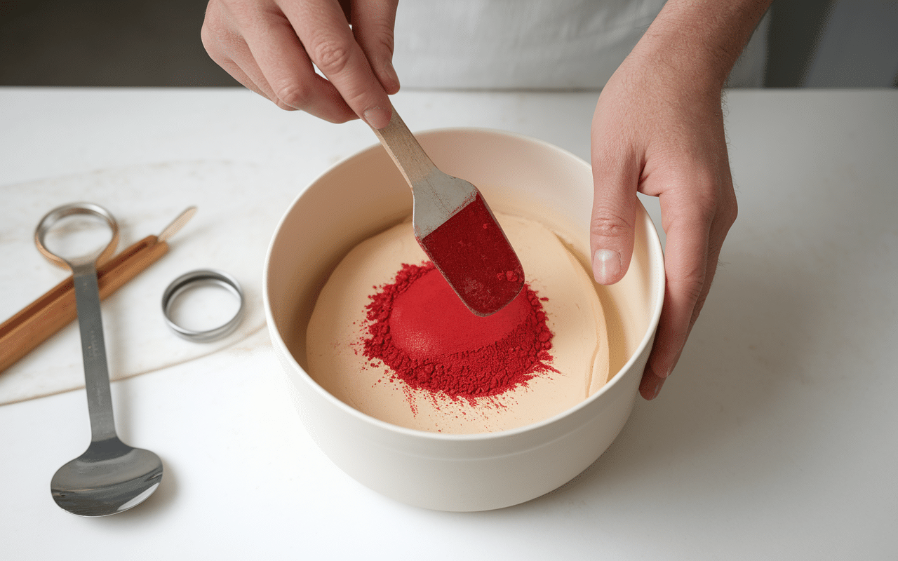 Mains mélangeant colorant alimentaire en poudre dans pâte