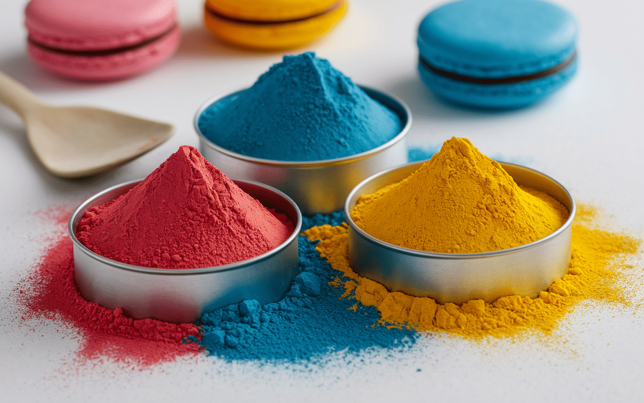 Cuillères avec colorant alimentaire en poudre et macarons