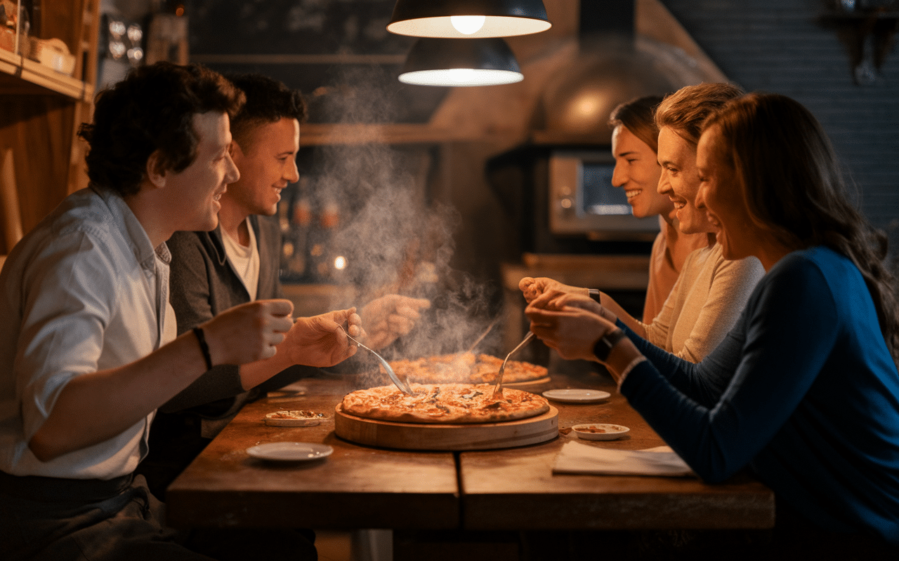 Scène de dégustation conviviale de pizza campione dans une vraie pizzeria