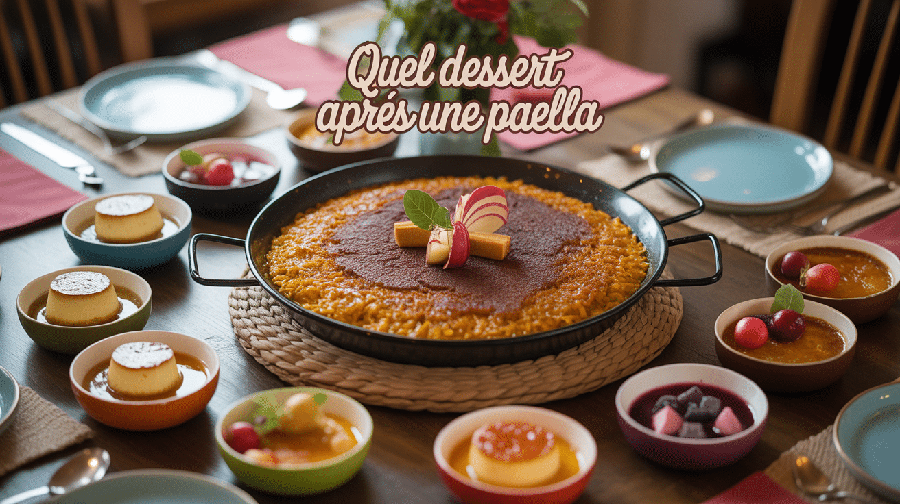 Table avec paella et dessert espagnol après une paella