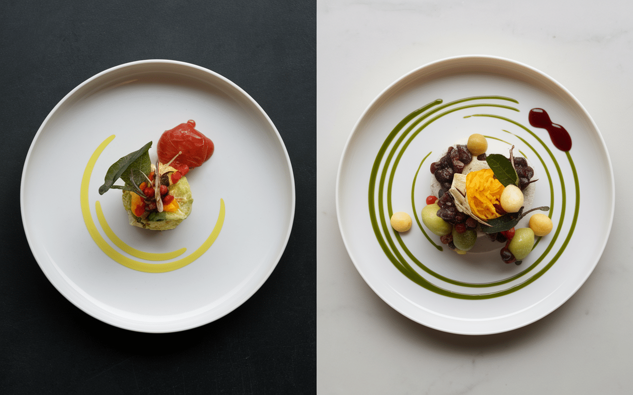 comparaison dressage assiette symétrique déstructuré