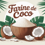 Bol de farine de coco entouré de noix de coco coupees