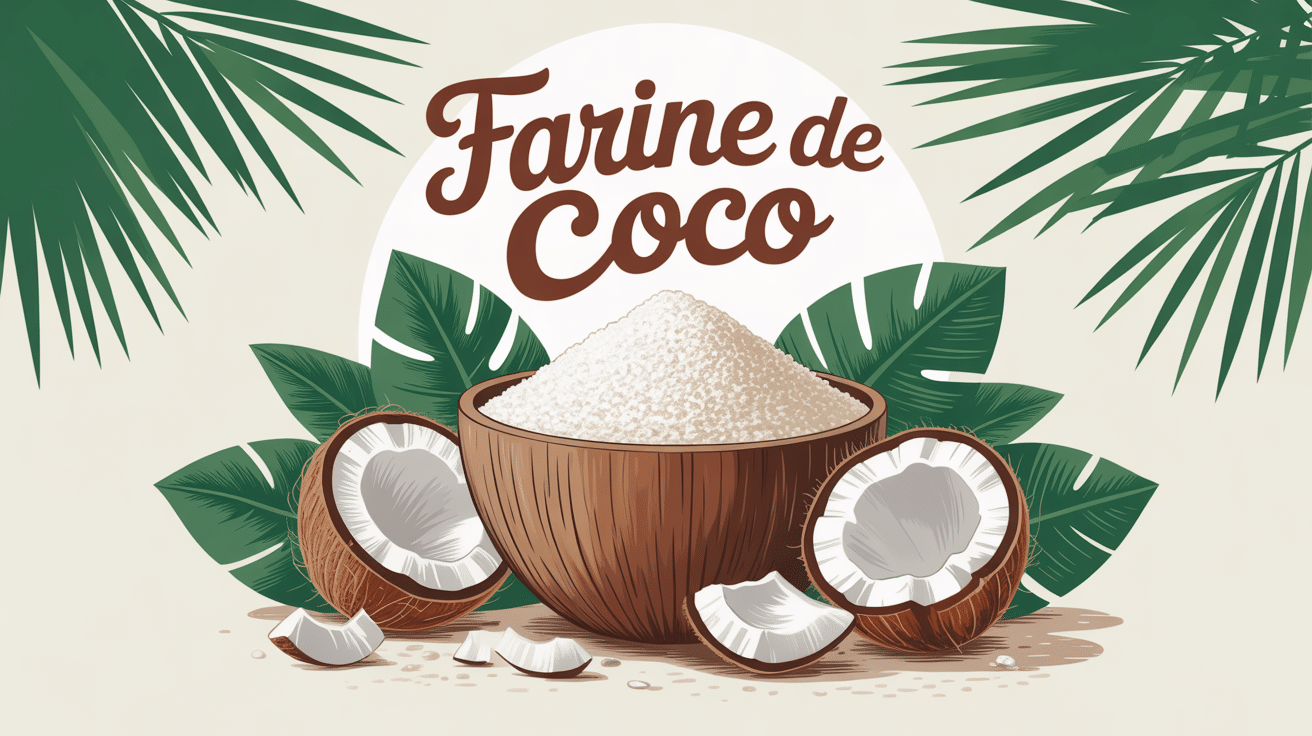 Bol de farine de coco entouré de noix de coco coupees