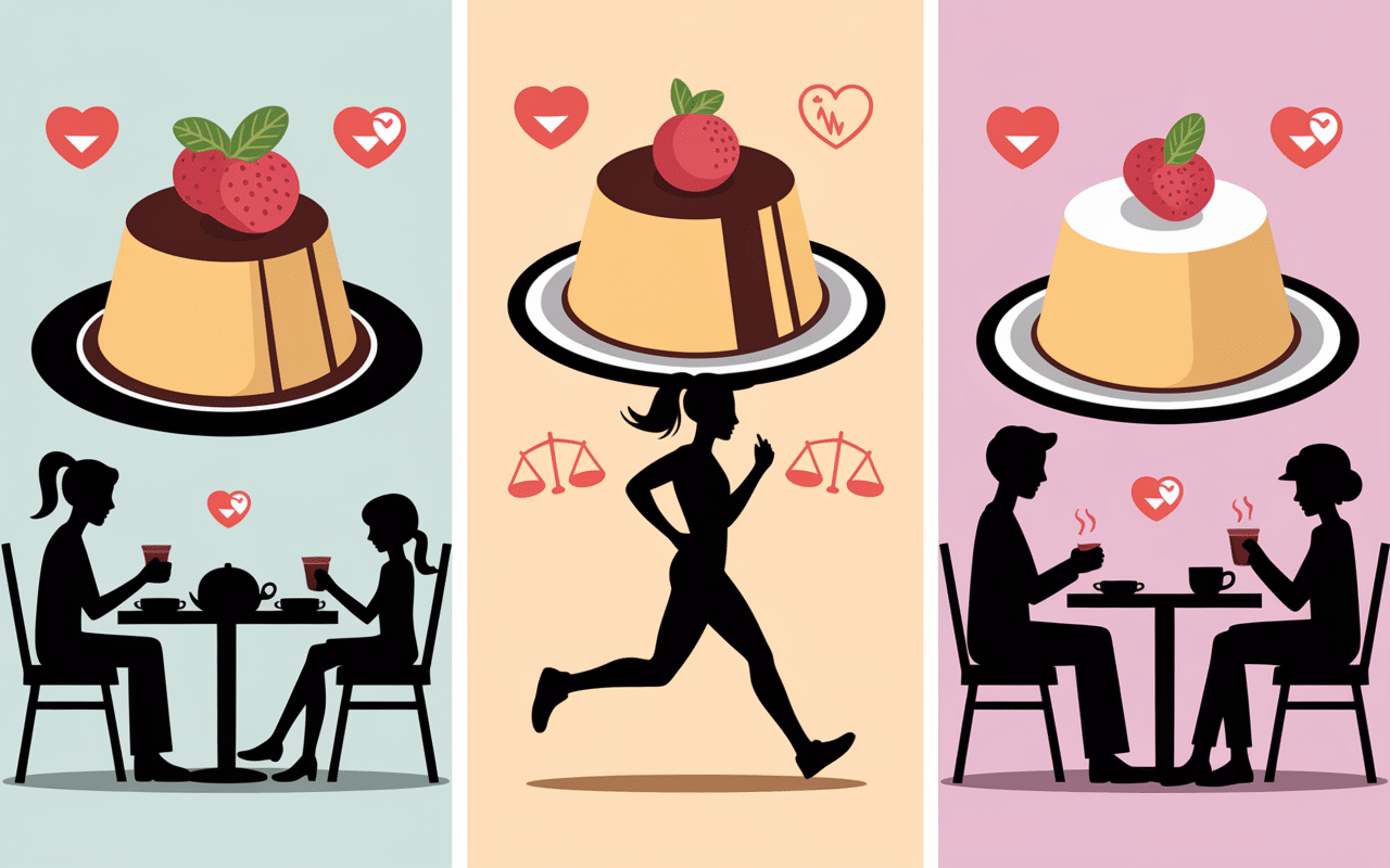 Personnes savourant un flan sans sucre en famille, sportif et senior