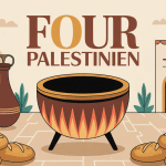 Four palestinien circulaire en argile avec pains dorés et flammes