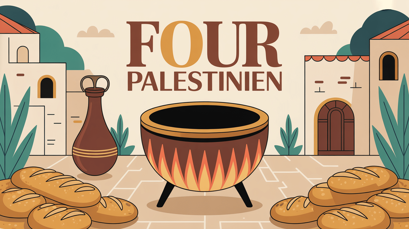 Four palestinien circulaire en argile avec pains dorés et flammes