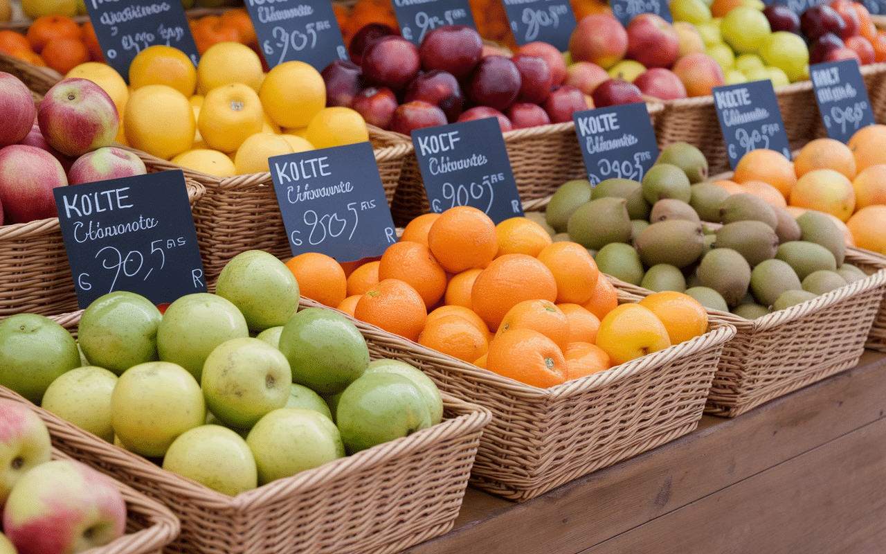 étal marché fruit d hiver pommes poires oranges kiwis clémentines