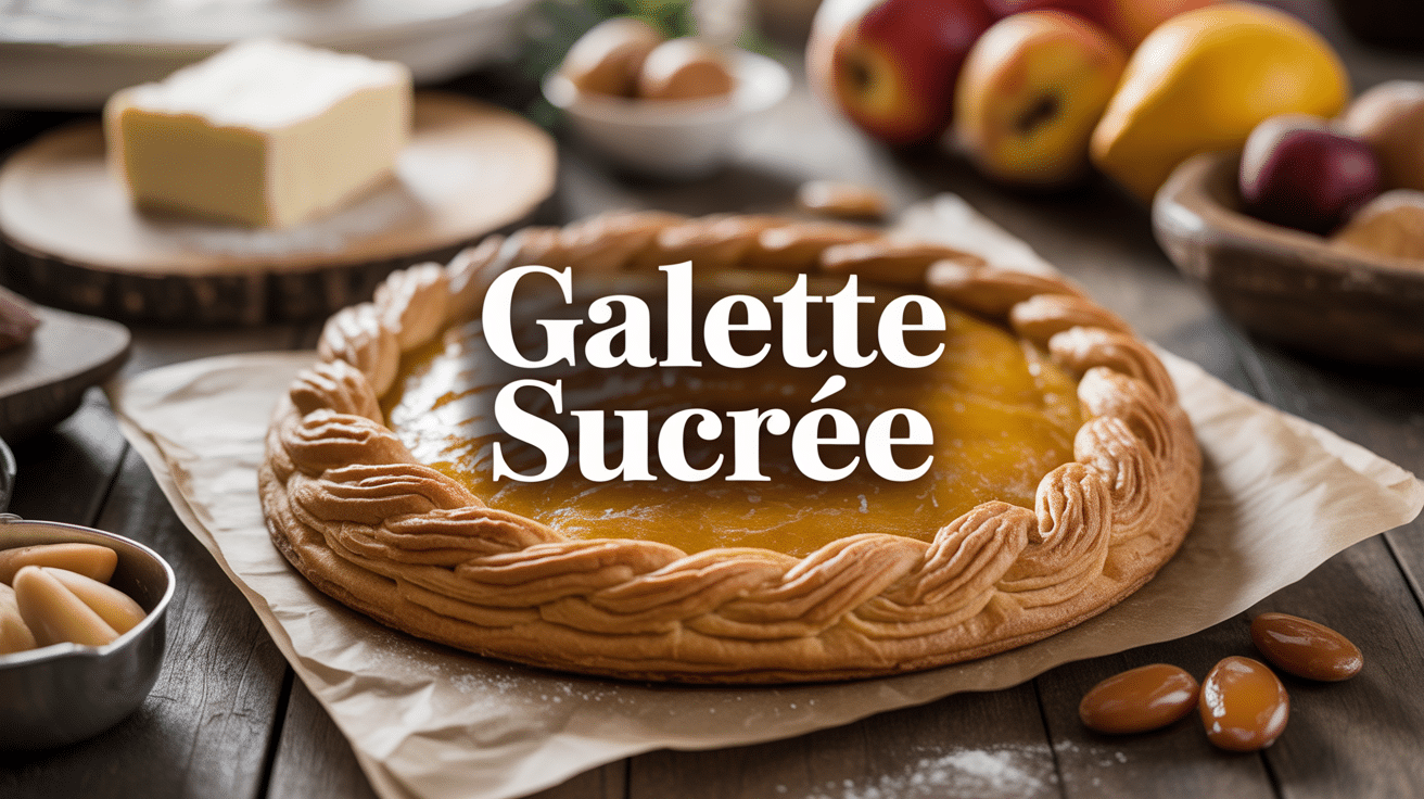 galette sucrée dorée sur table en bois avec ingrédients