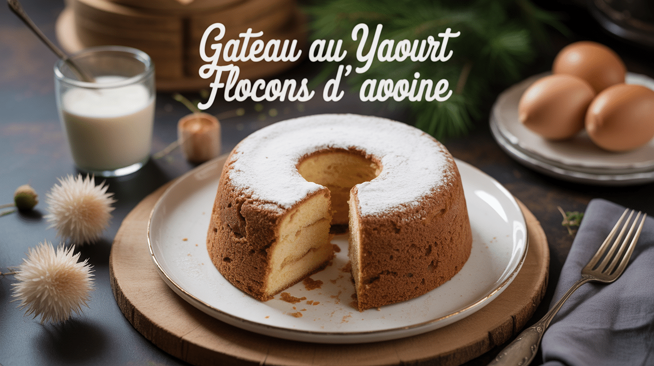 Gateau yaourt flocon d avoine moelleux sur assiette ingrédients