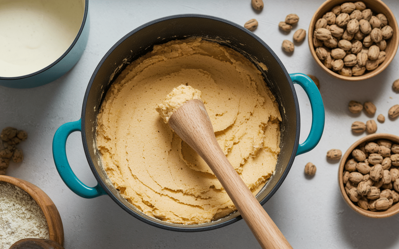 Préparation gateau yaourt flocon d avoine pâte saladier