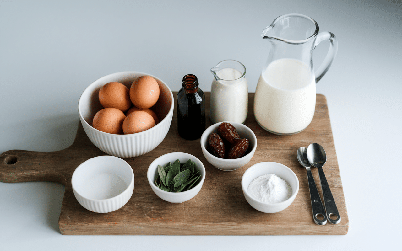 Ingrédients pour flan sans sucre et substituts naturels présentés