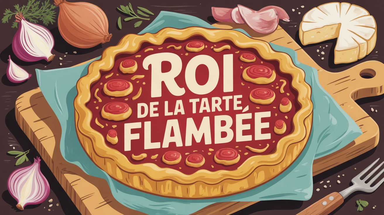 le roi de la tarte flambée en image dorée sur planche rustique