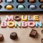 Moule bonbon silicone et chocolats variés sur plan de travail