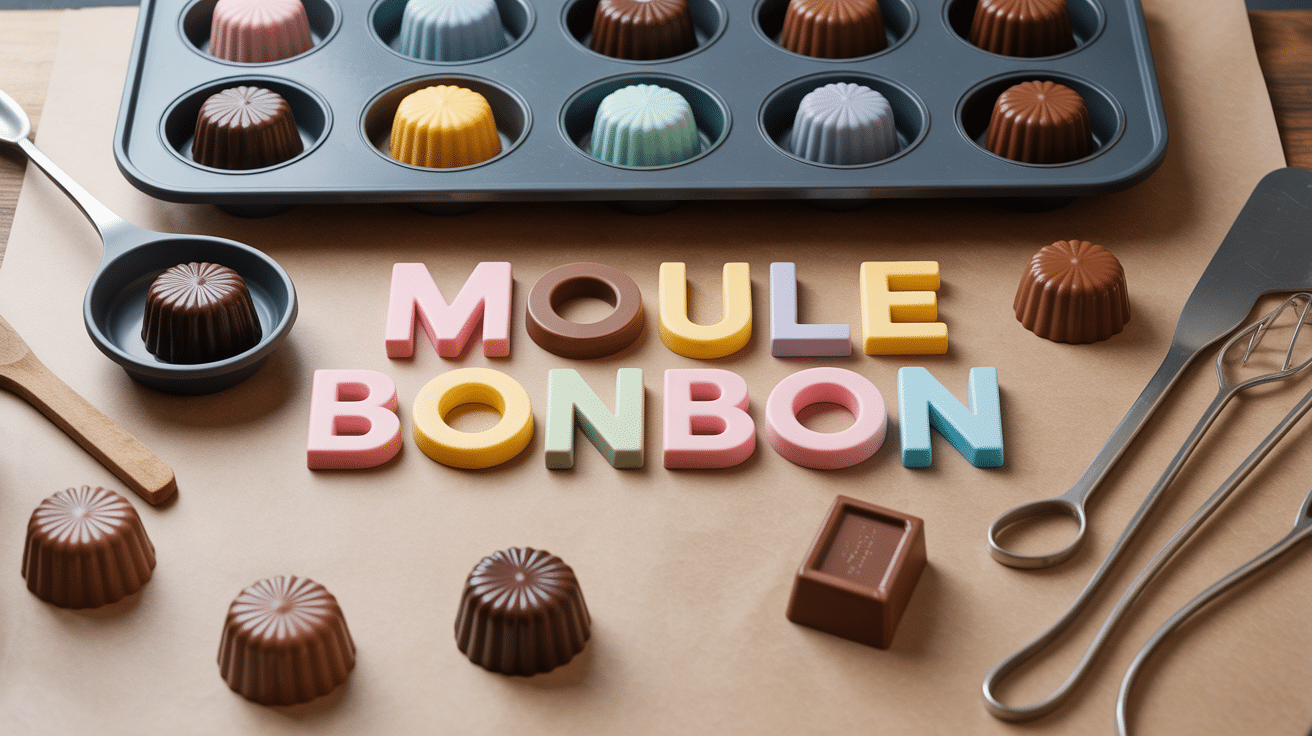 Moule bonbon silicone et chocolats variés sur plan de travail