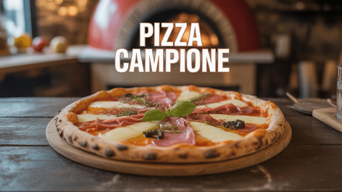 Pizza campione fumante, généreusement garnie sur table en bois dans une pizzeria traditionnelle