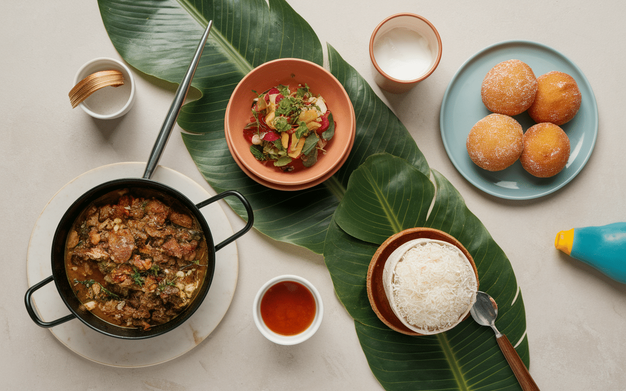 Plat typique martiniquais et spécialités créoles sur table