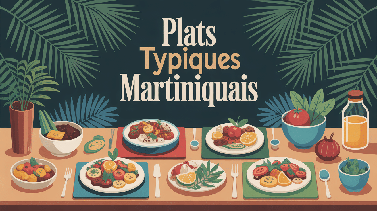 Table décorée avec plat typique martiniquais, fruits, épices, palmiers