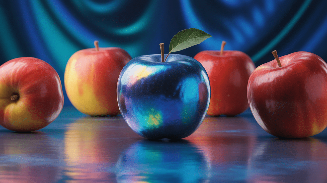 Pomme bleue entourée de pommes rouges