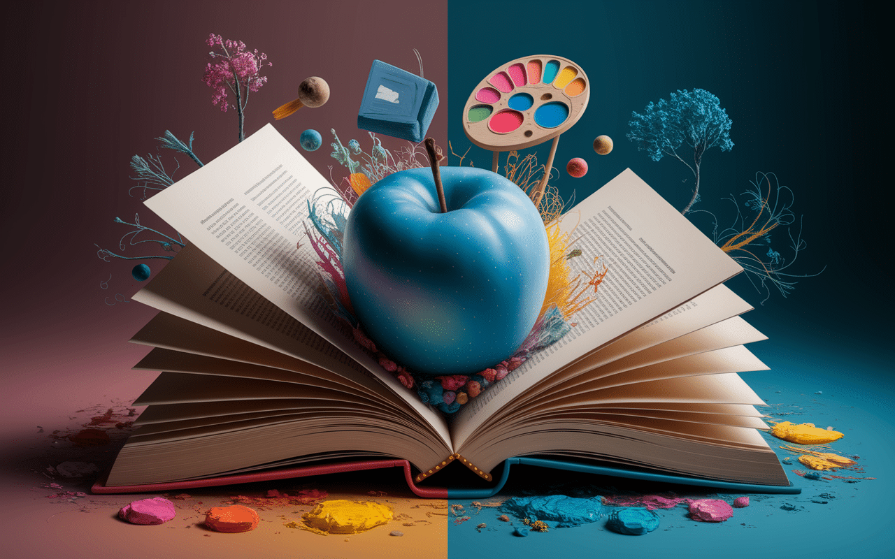 Pomme bleue flottante dans un décor artistique