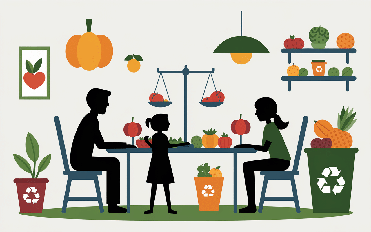 Famille utilisant gourde compote réutilisable à table