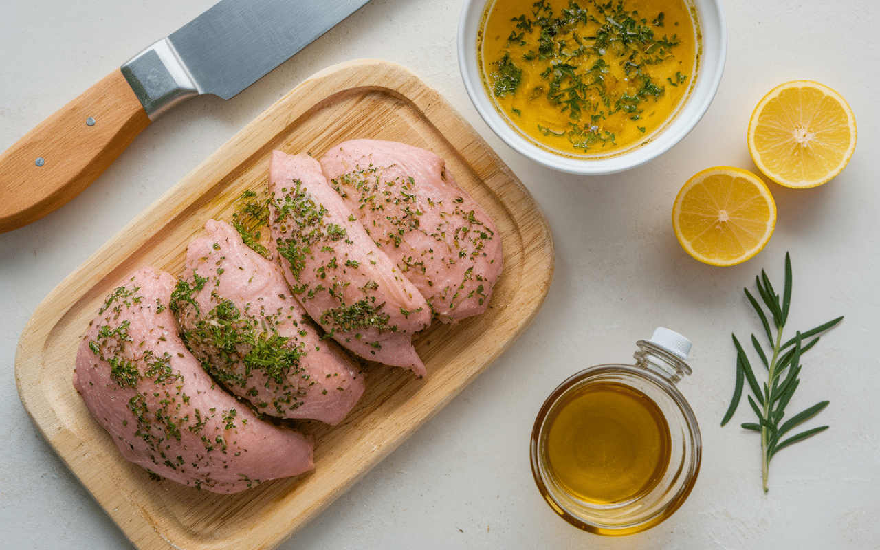 préparation filet de poulet au barbecue sur planche avec marinade