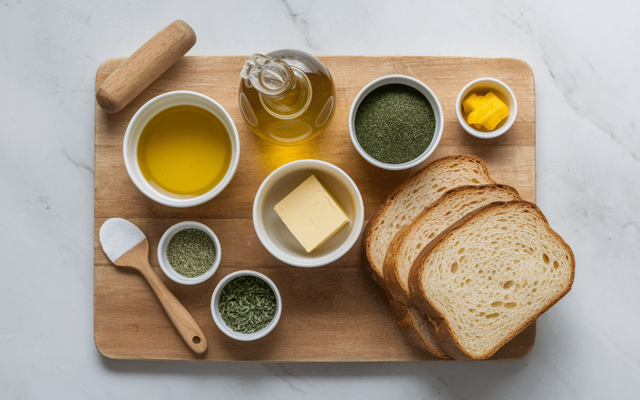 Recette croûtons à la poêle ingrédients sur table