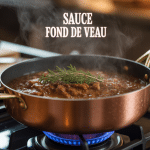 Sauce fond de veau onctueuse en cuisson dans casserole en cuivre