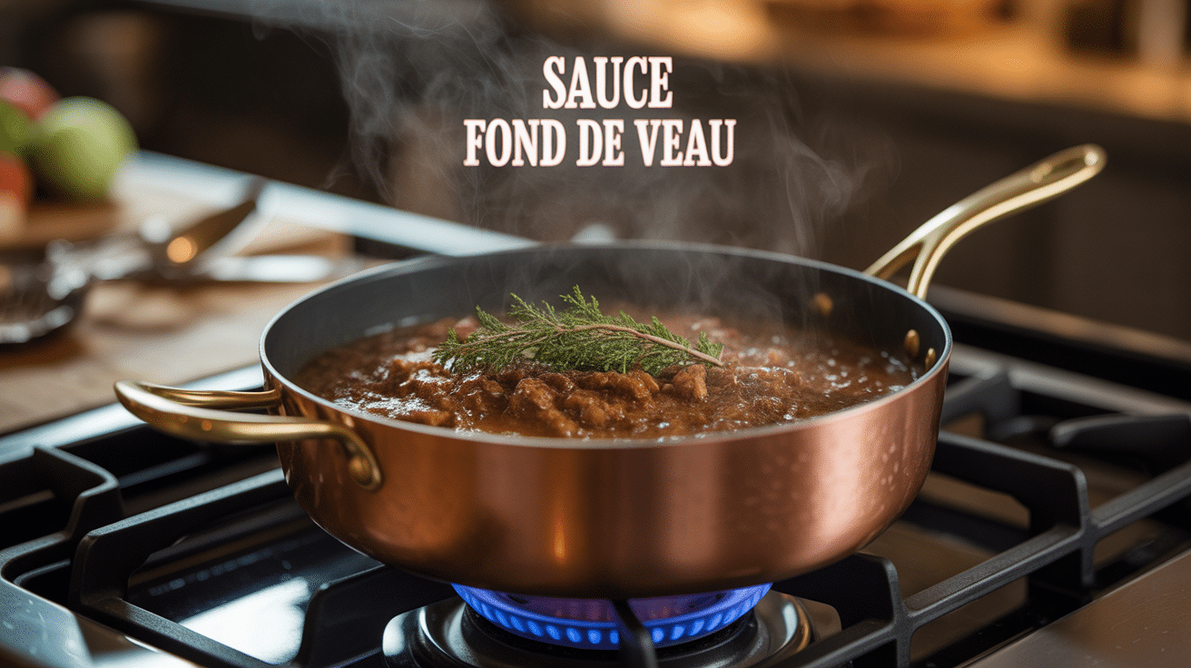 Sauce fond de veau onctueuse en cuisson dans casserole en cuivre