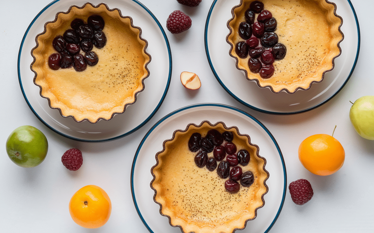 Clafoutis aux prunes classique, myrtilles, pêche