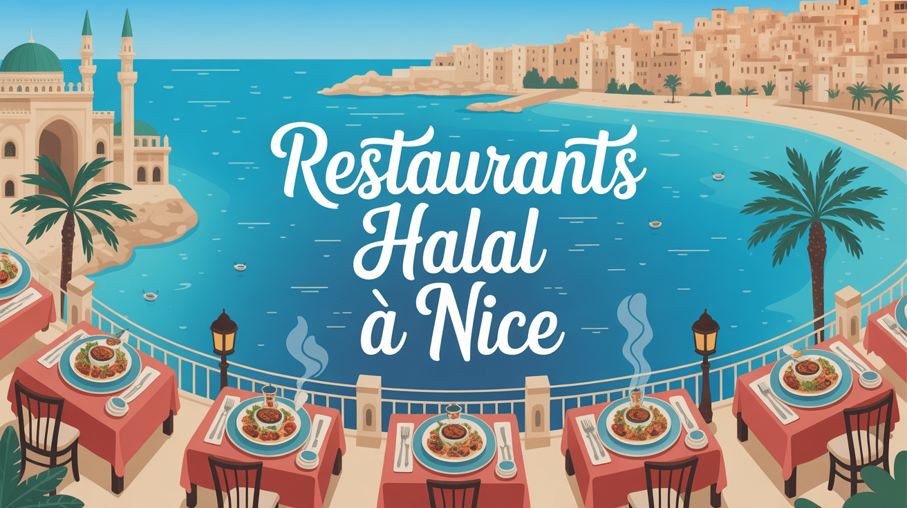 Vue aérienne restos halal Nice avec terrasses, mer et mosquée