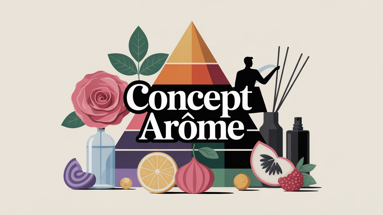 Concept arome illustration pyramide olfactive et icônes familles