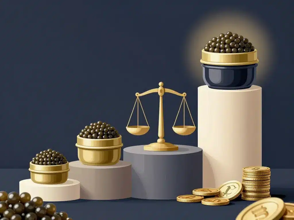 Visualisation prix du caviar au kg : boîtes graduées et pièces