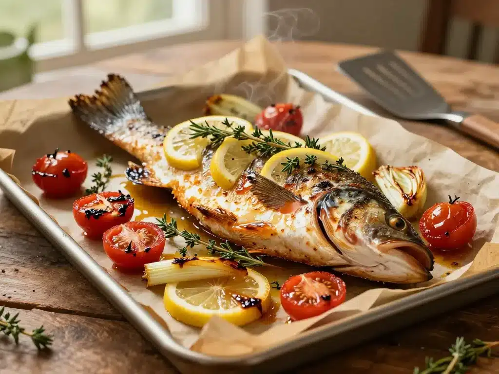 recette black bass au four légumes rôtis et herbes