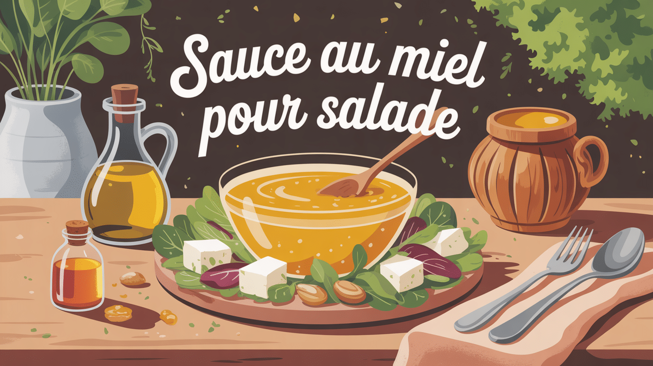 sauce au miel pour salade en bol entouré d'ingrédients
