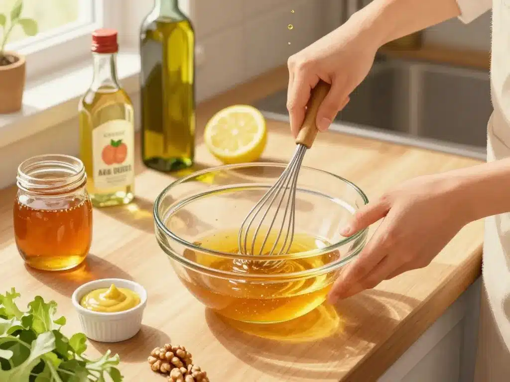 préparation sauce au miel pour salade : fouettage miel et huile