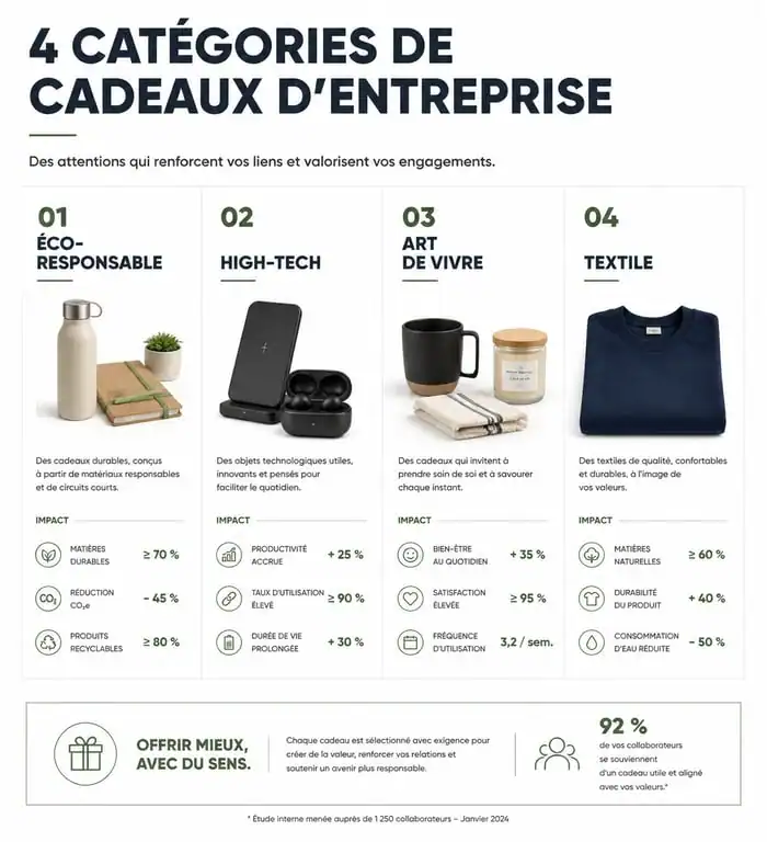 Infographie des catégories de cadeaux d'entreprise originaux et personnalisés