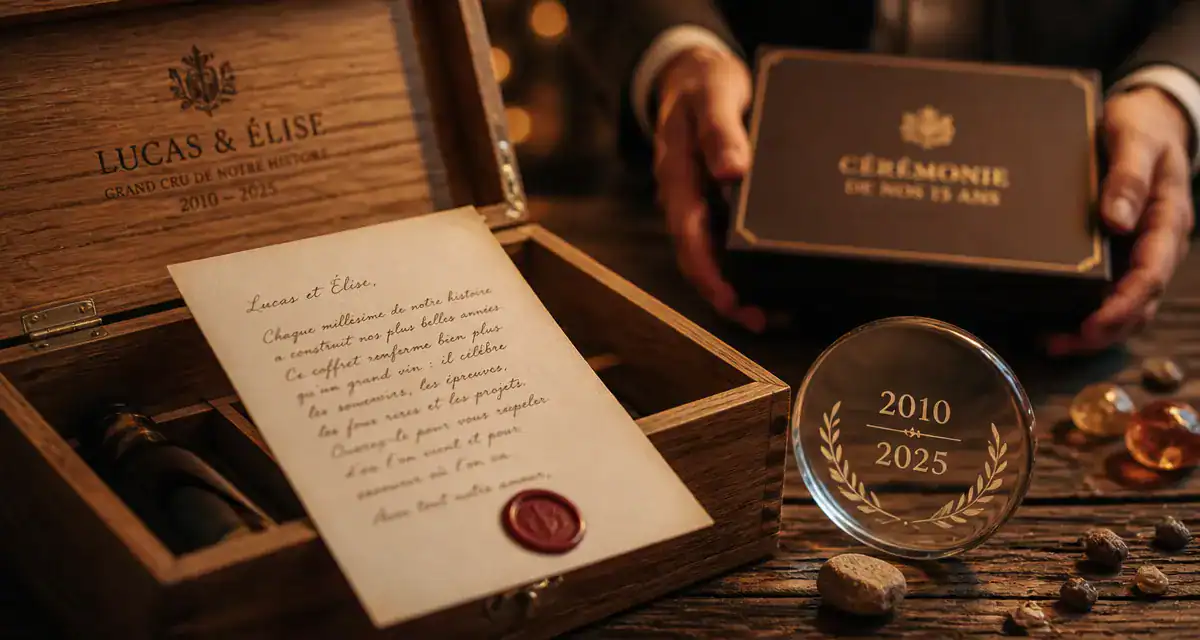Cadeau mariage inoubliable : coffret et vin gravé, main et médaille
