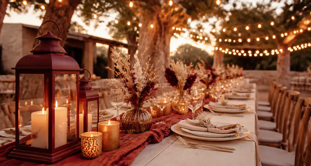 decos de mariage table extérieure ambiance dorée