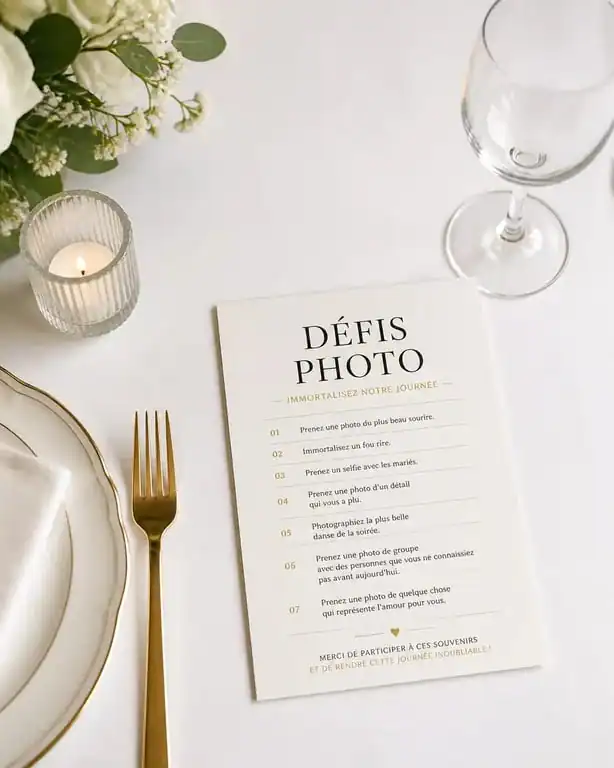 Carte de défi photo mariage posée sur une table de réception pour animer les invités