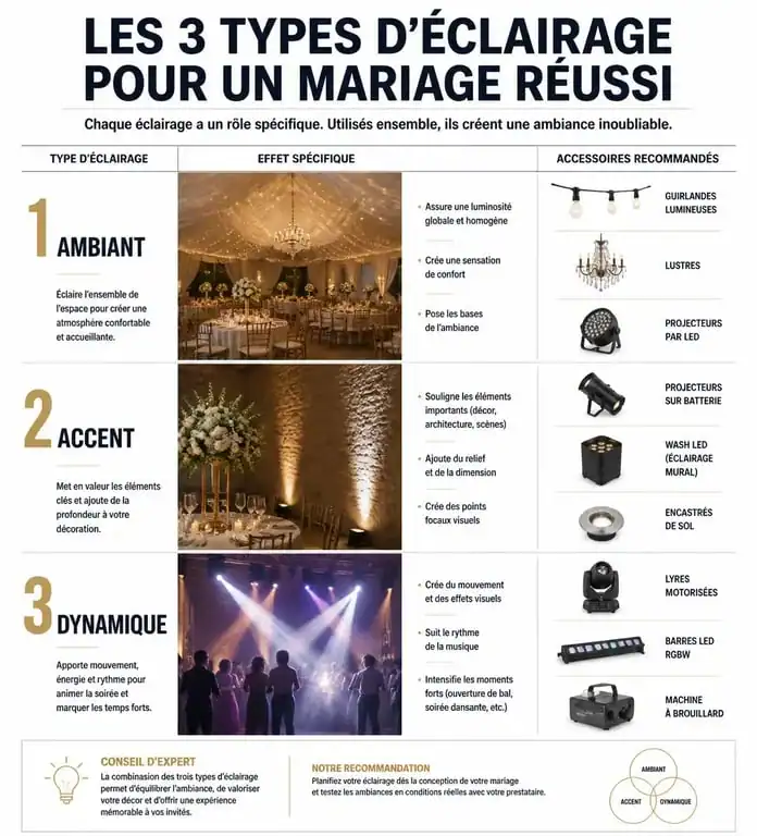 Infographie sur les types d'éclairage pour la décoration de mariage