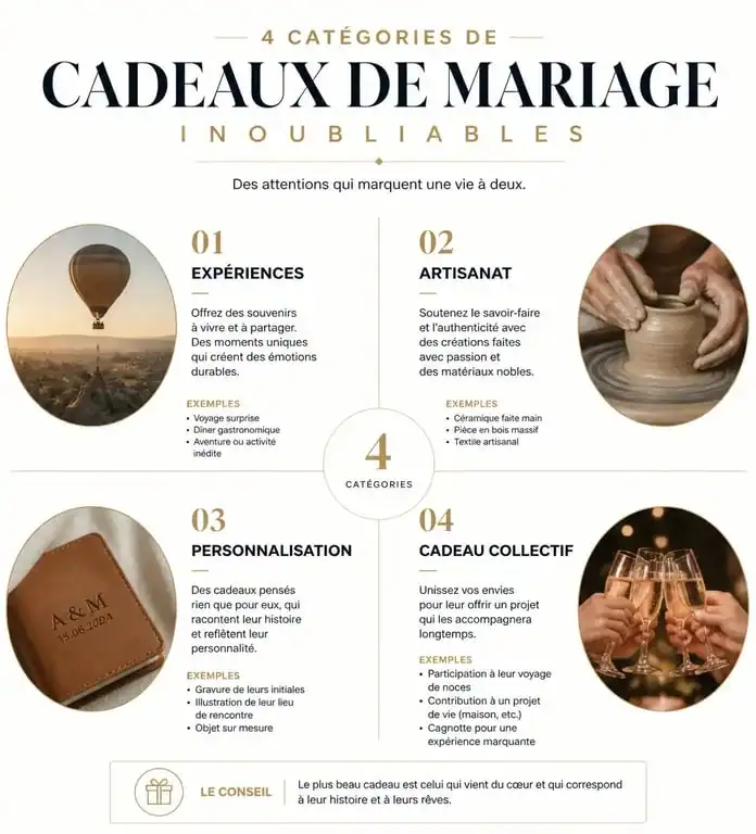 Infographie des idées de cadeau mariage inoubliable classées par catégorie