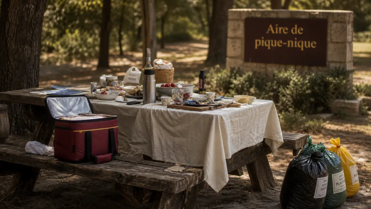 Aire de pique nique : table, ombre et accès au parc