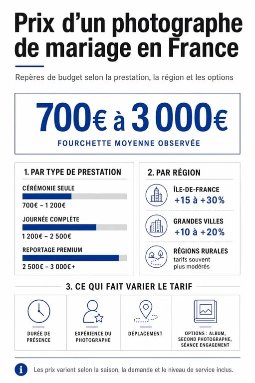 Prix photographe mariage en France : fourchettes de tarifs, facteurs de variation et repères régionaux