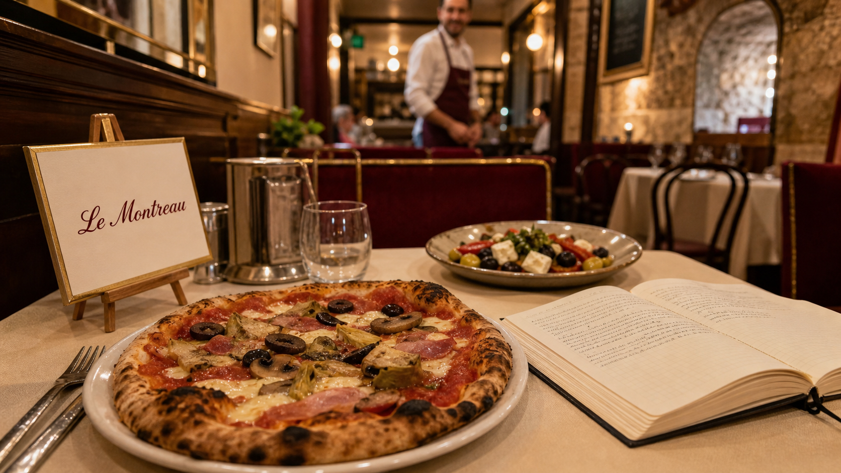 Restaurant le montreau à Montreuil : plat et serveur souriant